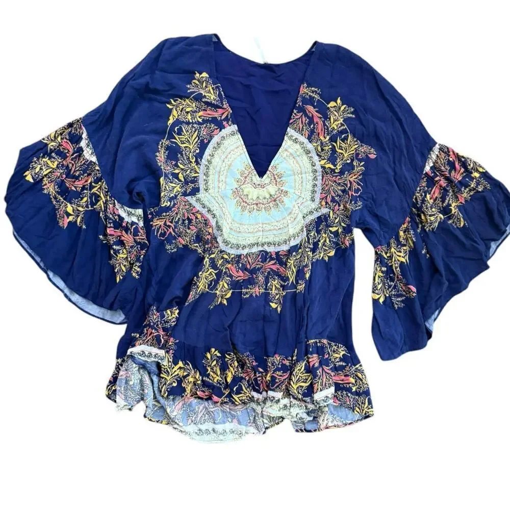 Free People Printed Tunic V-Neck High Low Mandala Shirt Top Size M